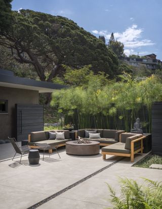Outdoor seating area in a side yard