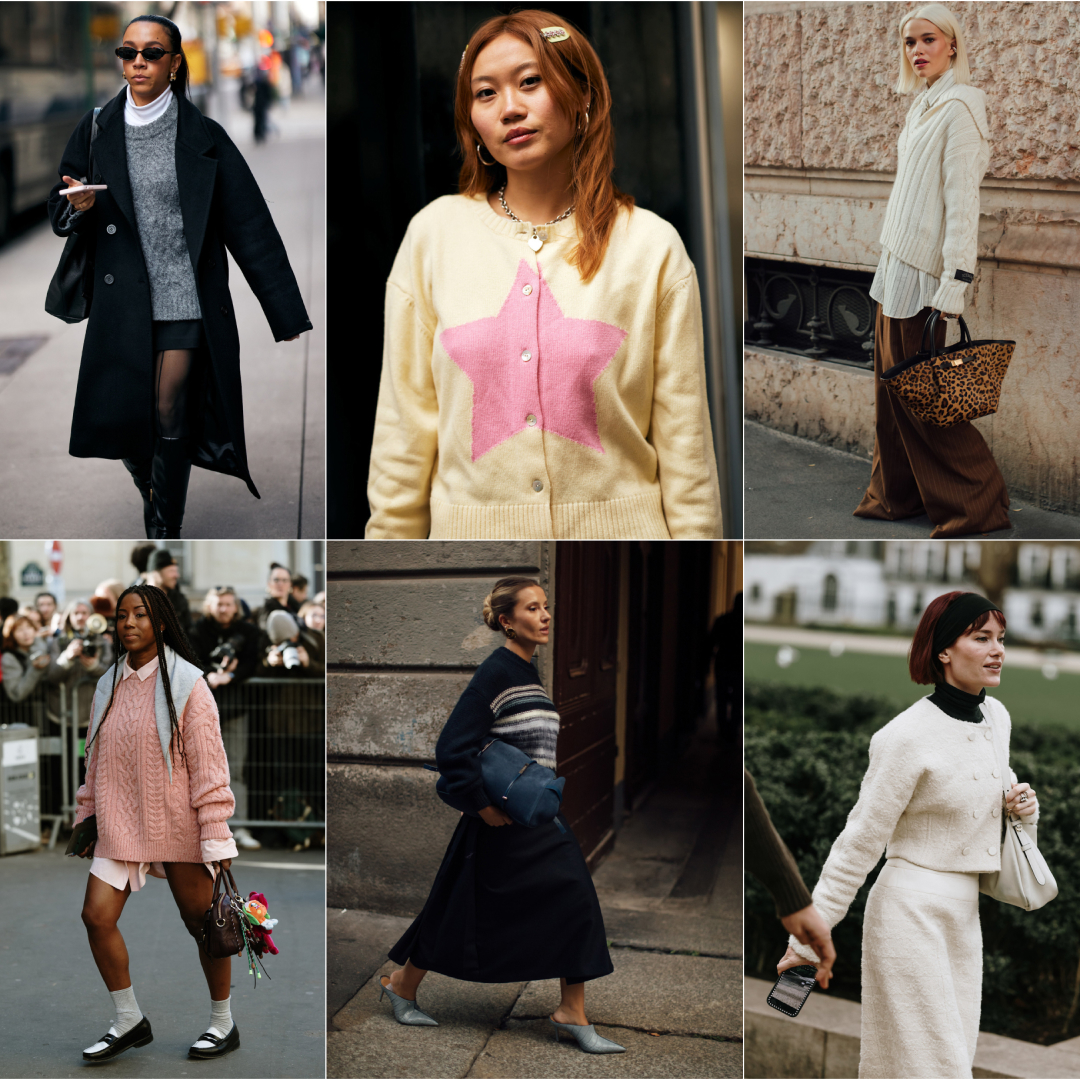 a collage graphic of women wearing fall sweaters—cable-knit, polo, striped, star-motif, and buttoned sweaters at fashion week