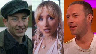 From left to right: Barry Keoghan in The Banshees of Inisherin, Sabrina Carpenter in the Feather music video and Chris Martin on The Graham Norton Show.