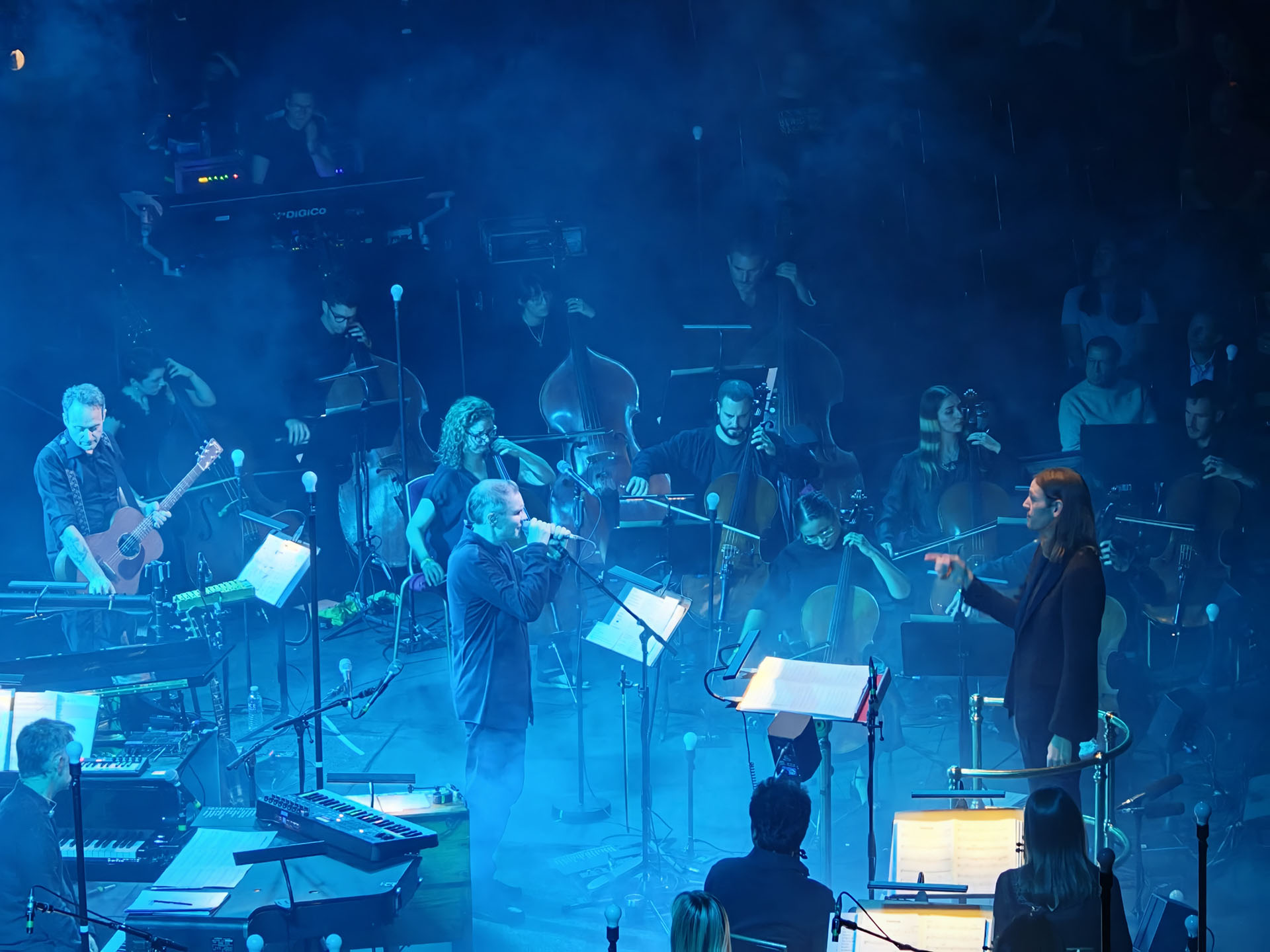 A photo of Sigur Ros playing live.