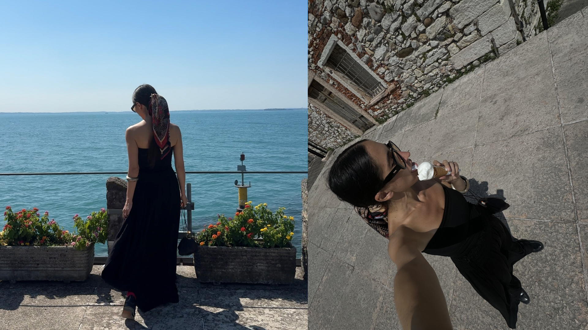 Alexis Badiyi eats ice cream in italy wearing a black dress and a scarf in her hair