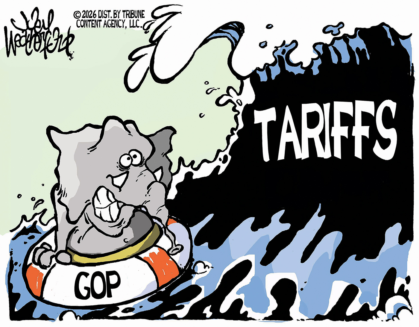 The cartoon depicts an elephant in the ocean, floating on a GOP liferaft. The elephant looks scared and is about to be pummeled by a large wave of tariffs.