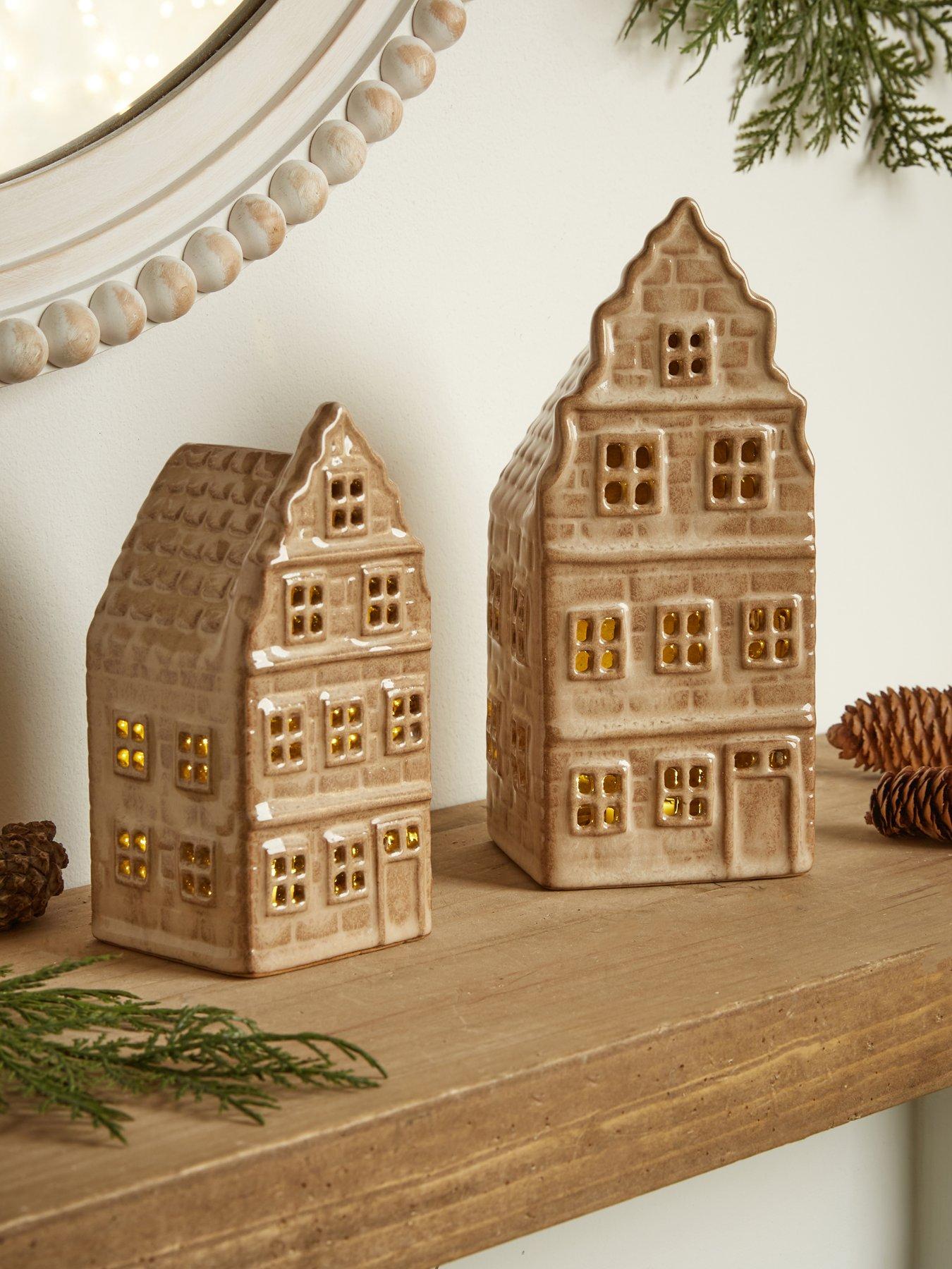 Set of 2 Light Up Ceramic Beige Houses Christmas Decoration - Beige