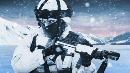 Photo composite illustration of a soldier in winter gear patrolling an Arctic landscape