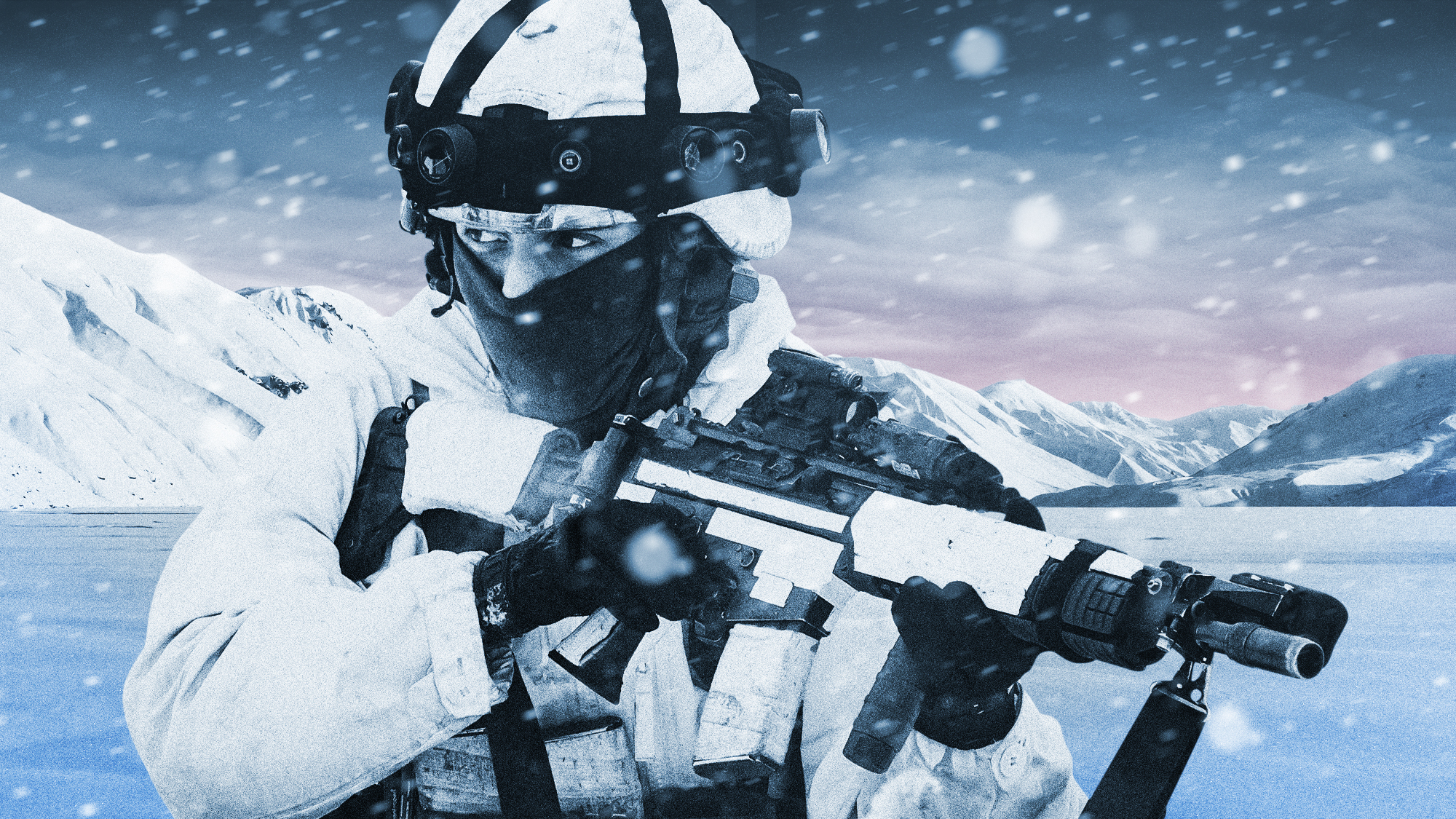 Photo composite illustration of a soldier in winter gear patrolling an Arctic landscape