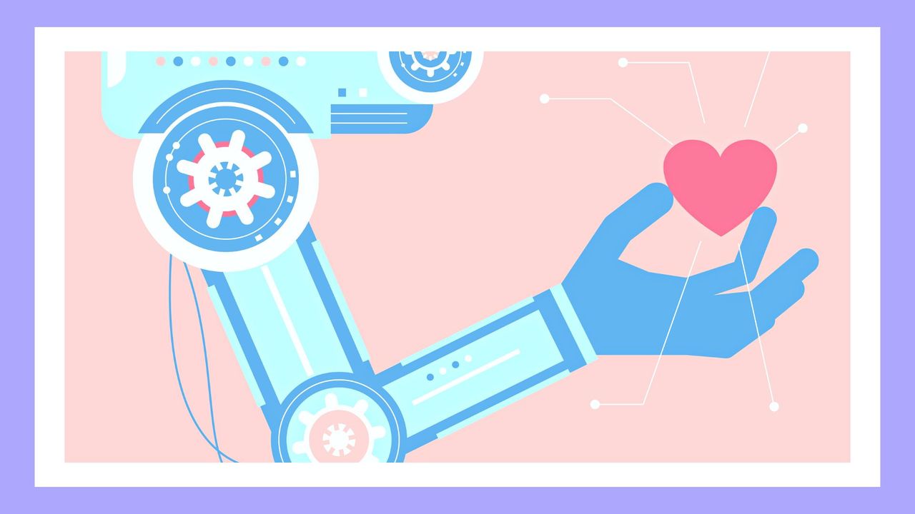 graphic of a robot arm holding a pink heart. AI predicts dating trends 2023