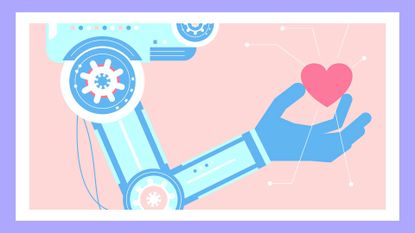 graphic of a robot arm holding a pink heart. AI predicts dating trends 2023