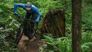 Man riding the Norco Fluid VLT A2 on a forest trail