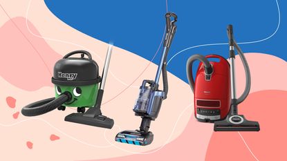 Henry Pet 200, Shark ICZ300UKT upright cordless vacuum, and Miele C3 vacuum on Ideal Home Style background