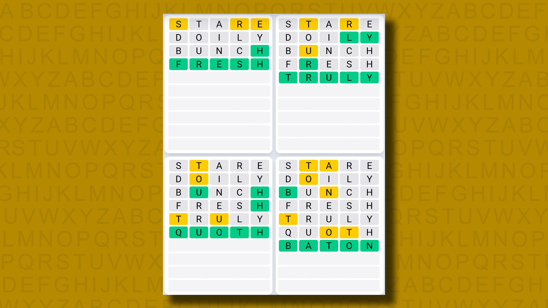 Quordle's answers for game 930 on yellow background