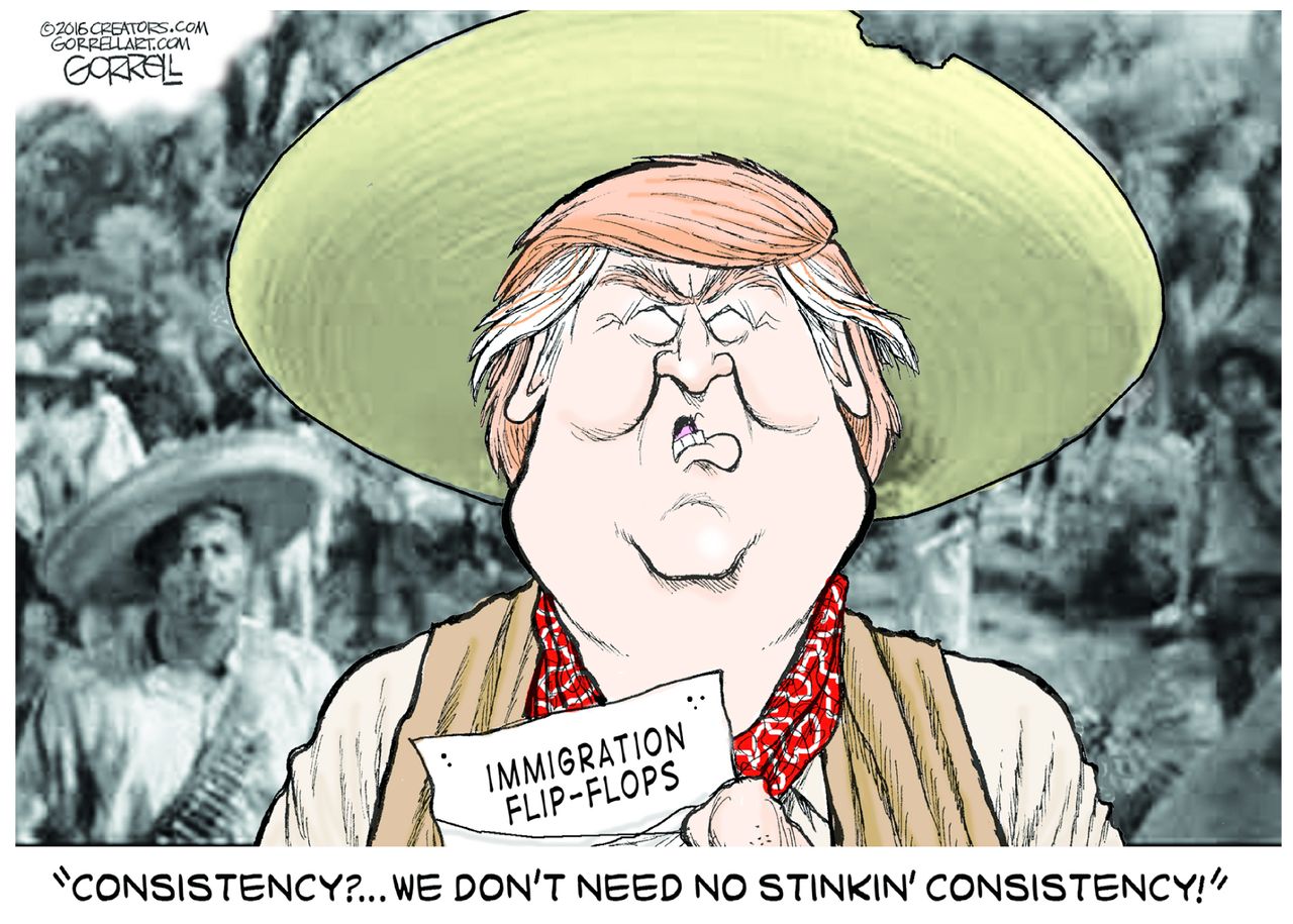 Political cartoon U.S. 2016 election Donald Trump immigration