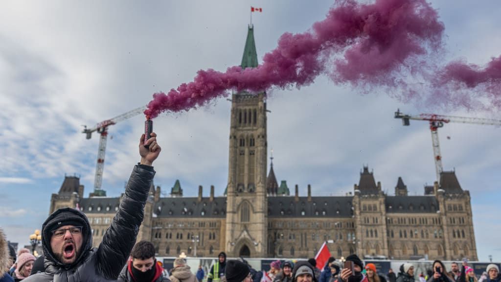 A protester in Ottawa screams.