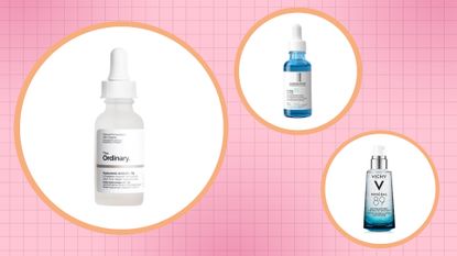 Collage of a selection of the best hyaluronic acid serums from The Ordinary, La Roche-Posay, and Vichy