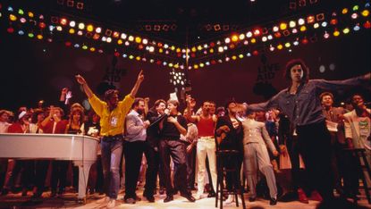 Singers take part in the Live Aid concert at Wembley Stadium in 1985