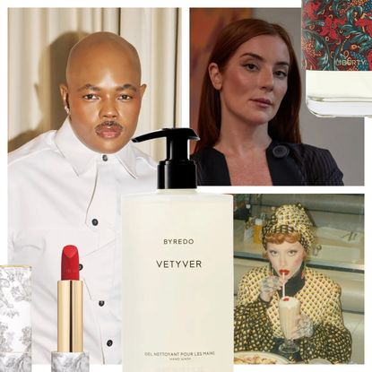 pictures of people in a grid with a byredo hand soap, dior lipstick and lyma laser