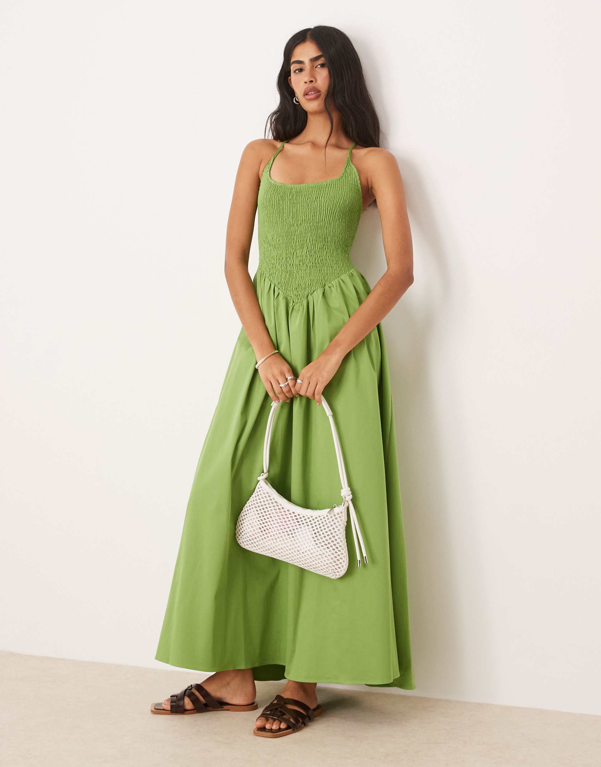 ASOS Design, Crinkle Maxi Dress With Cross Back in Green