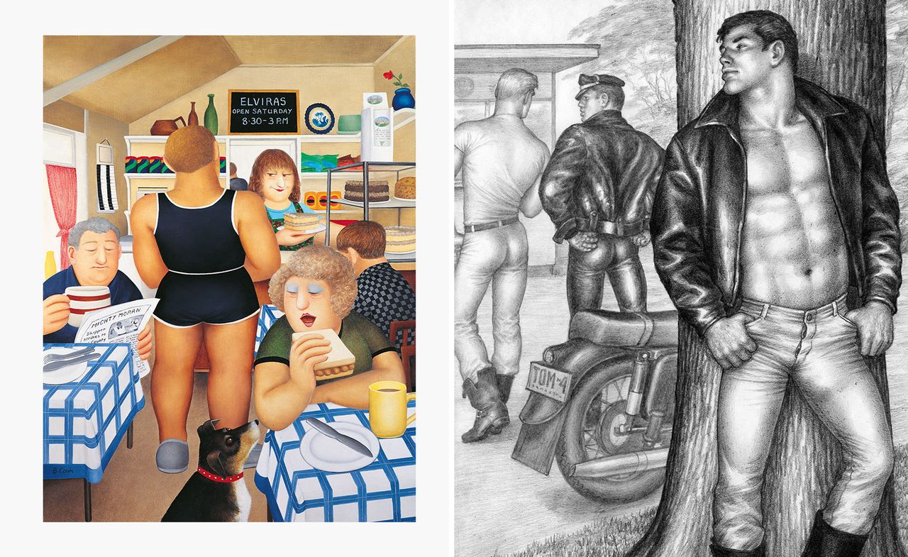 Images from Beryl Cook Tom of Finland exhibition: Left, Beryl Cook painting of people in cafe and, right, Tom of Finland artwork of man behind a tree