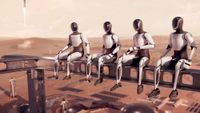 four sleek humanoid robots sit side-by-side on an i-beam at a construction site above a reddish orange dusty landscape below