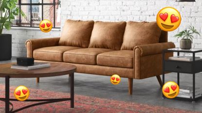 A brown couch with heart emojis around it