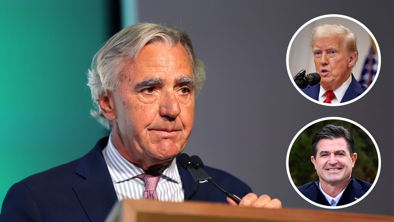 Seth Waugh speaking at the LPGA Rolex awards 2024 with inset images of Donald Trump (top right) and Scott O&#039;Neil (bottom right)