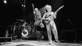 English rock group The Police performing in Philadelphia, Pennsylvania during the band's Ghost In The Machine Tour,USA, 1981. Left to right: Stewart Copeland (drums), Sting and Andy Summers