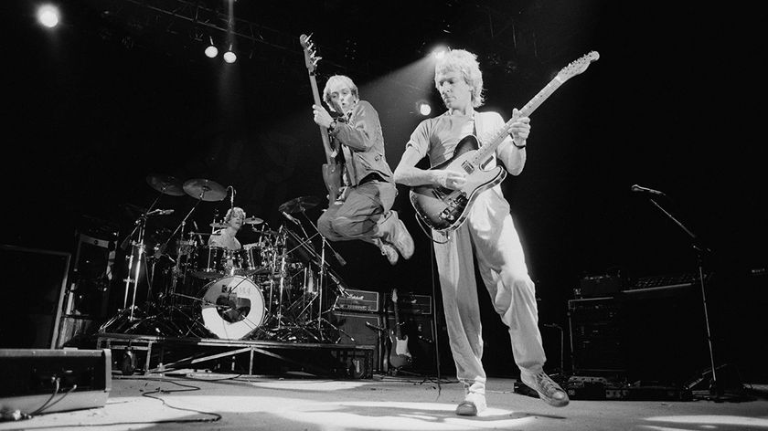 English rock group The Police performing in Philadelphia, Pennsylvania during the band&#039;s Ghost In The Machine Tour,USA, 1981. Left to right: Stewart Copeland (drums), Sting and Andy Summers