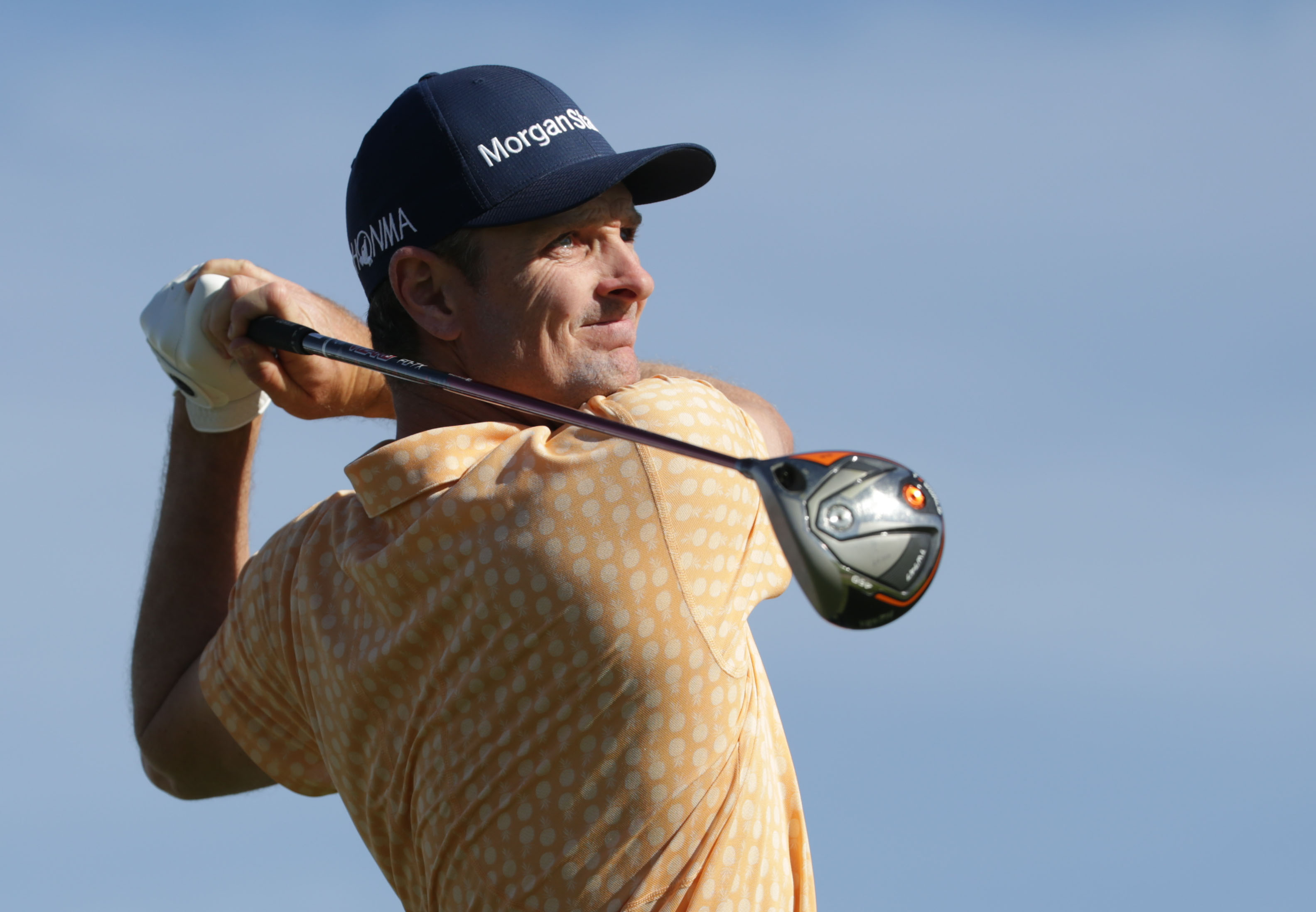 Justin Rose plays his shot from the second tee on the South Course during the final round of the the 2019 Farmers Insurance Open at Torrey Pines Golf Course