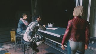 Starfield how to recruit no-name mercs - Sarah is standing near a table, chatting to two men in a bar