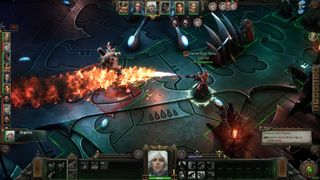 In-game screenshot of Argenta purging enemies in flame in Warhammer 40,000: Rogue Trader