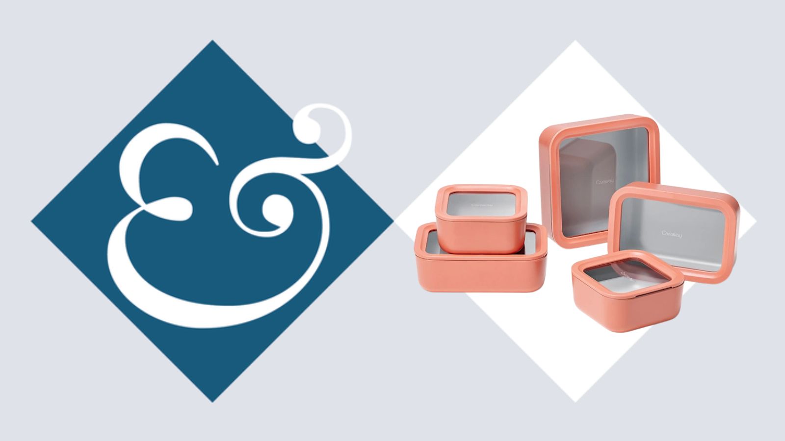 Terracotta colored Caraway non toxic food container set on H&amp;G blue and white ampersand logo background