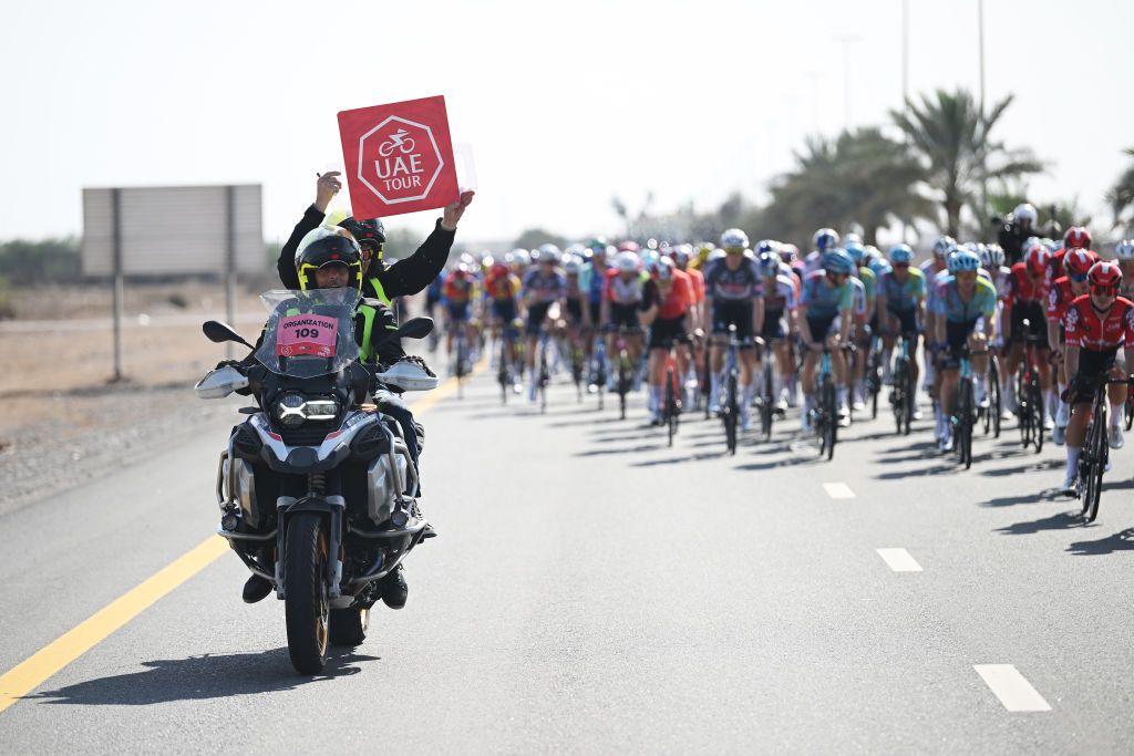 JEBEL JAIS UNITED ARAB EMIRATES FEBRUARY 19 A general view the race regulator during the 7th UAE Tour 2025 Stage 3 a 181km stage from Ras al Khaimah to Jebel Jais 1490m UCIWWT on February 19 2025 in Jebel Jais United Arab Emirates Photo by Dario BelingheriGetty Images
