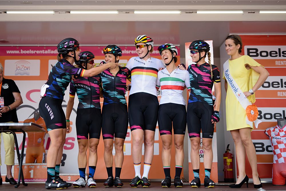 CANYON//SRAM Racing having fun at sign in ahead of the 116 km Stage 5 of the Boels Ladies Tour 2016