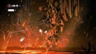 Hollow Knight: Silksong — a screenshot of a large, crowned enemy looming over Hornet in a room full of lava and ash.