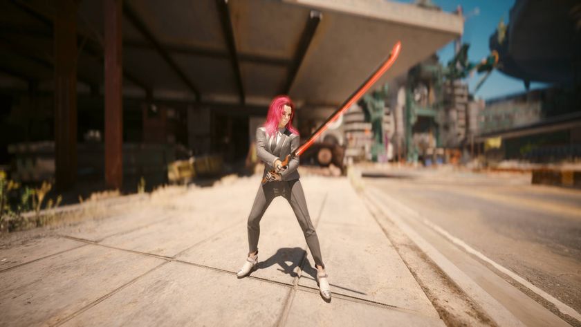 V in Cyberpunk 2077 standing at the side of the road holding the Errata katana.