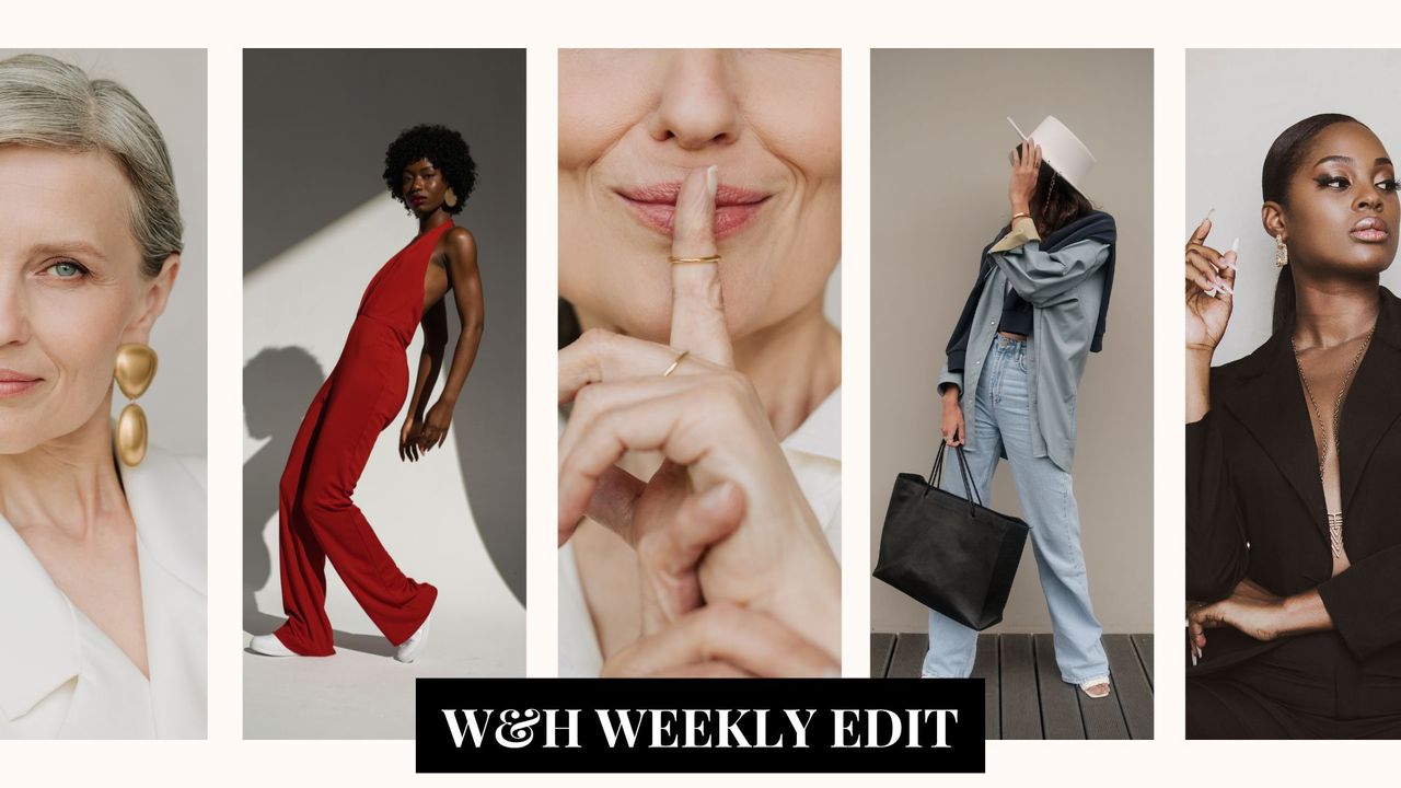 Composite image of five different fashion models with text that reads w&amp;h weekly edit layered on top