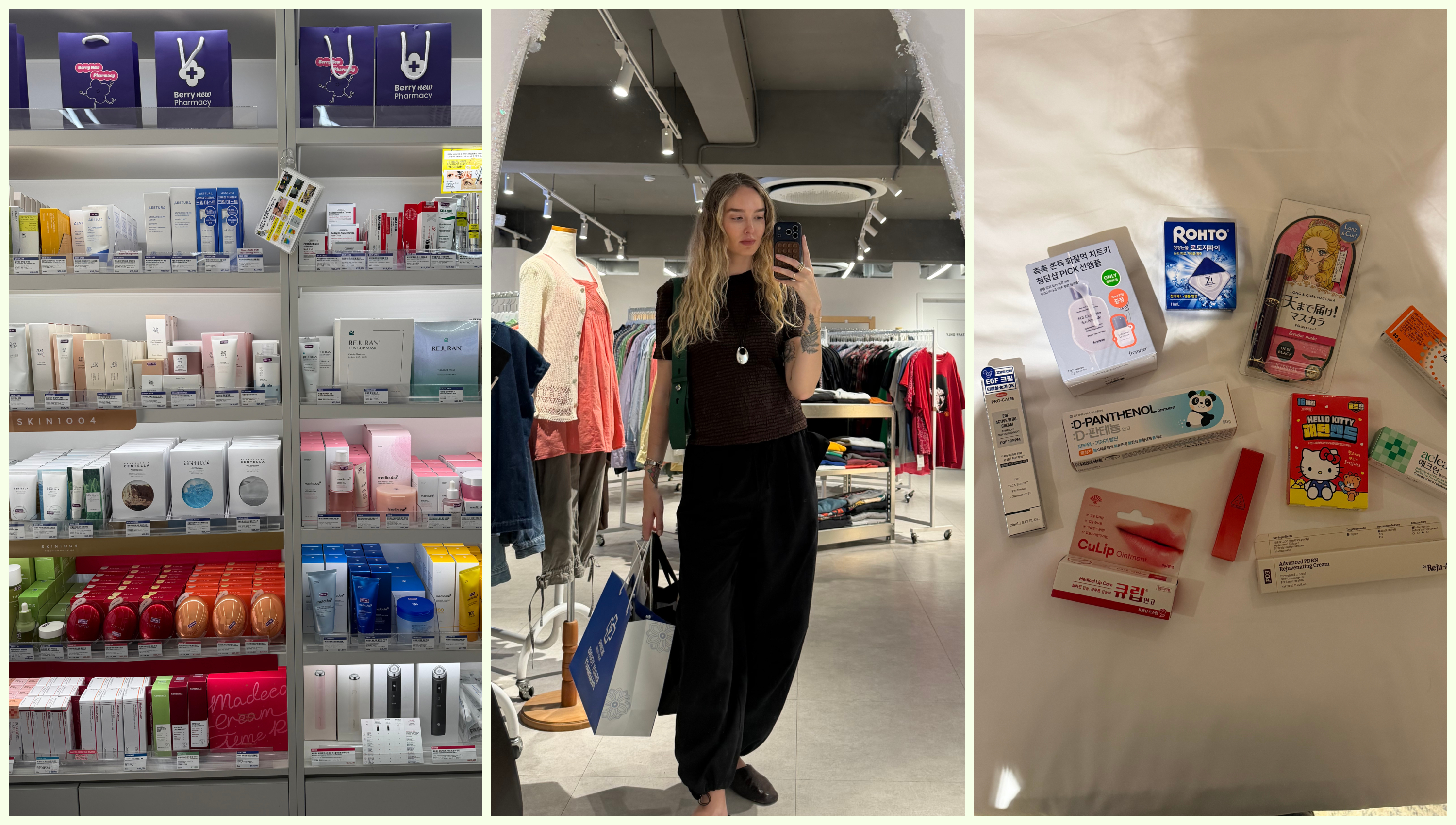 a woman in a black and brown outfit taking a mirror selfie flanked by two photos of Korean beauty products