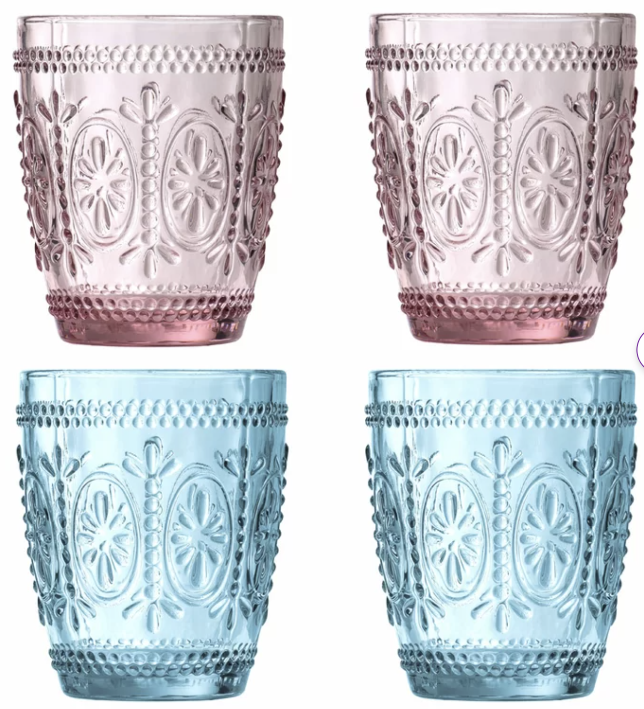 Four coloured decorative drinking glasses