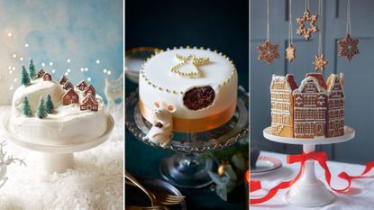 A composite image of three different Christmas cake decorating ideas