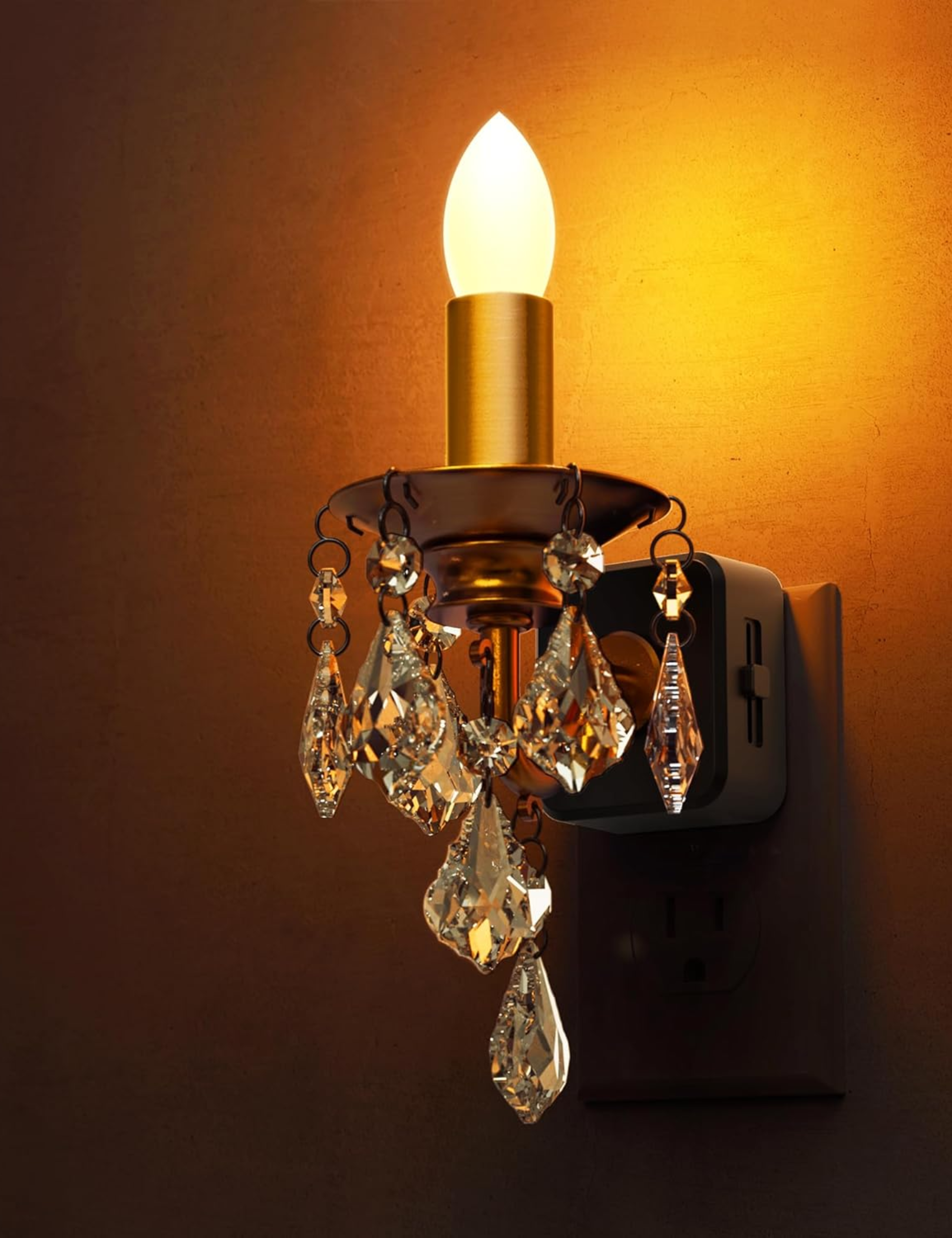 Amazon candle night light featuring a cascade of crystals glowing from an electrical outlet inside of a dimly lit room