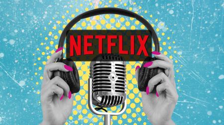 Netflix logo with a podcast background