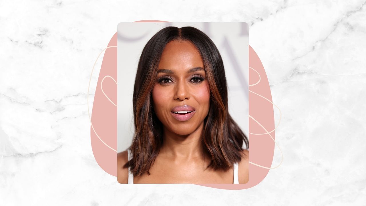 Kerry Washington smiling with brunette bob and warm brown money pieces, on a white marble background with pink and cream motifs