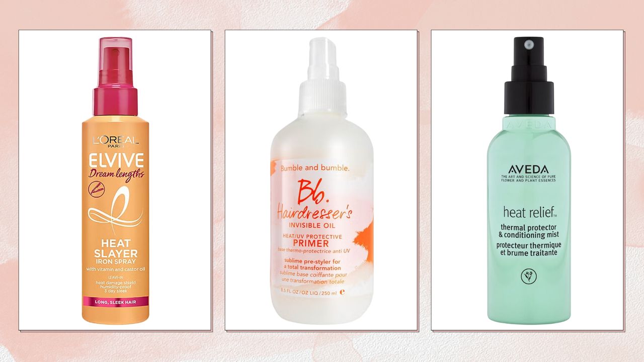 Collage of best heat protection sprays (L-R) L&#039;Oréal Elvive Heat Slayer Spray, Bumble and bumble Hairdresser&#039;s Invisible Oil Primer and Aveda Heat Relief Spray, on a pink watercolour background