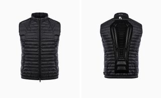 Two images, Left-Black padded gilet, Right- Black padded gilet with spinal elastic knit feature