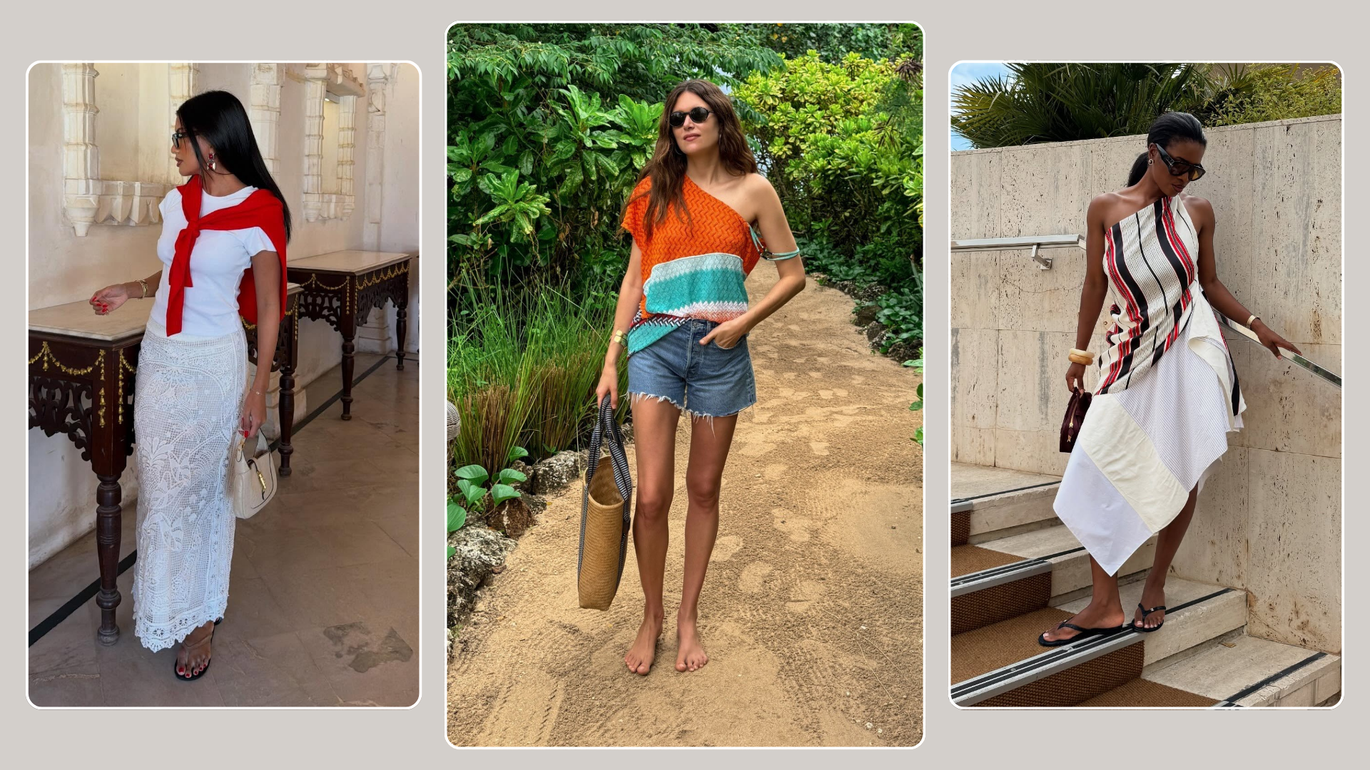 Three fashion people wear winter sun outfits. 