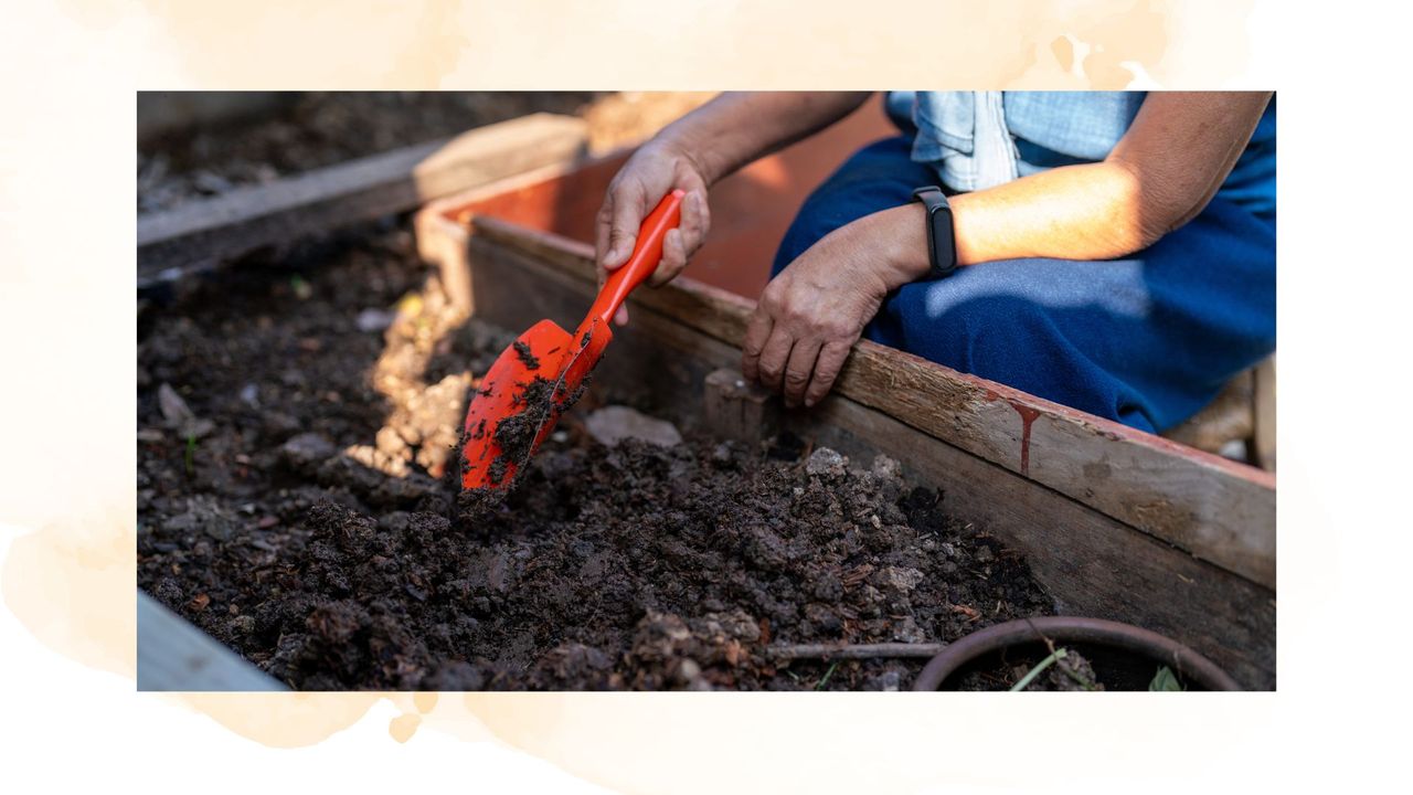 picture of woman digging through homemade compost in garden