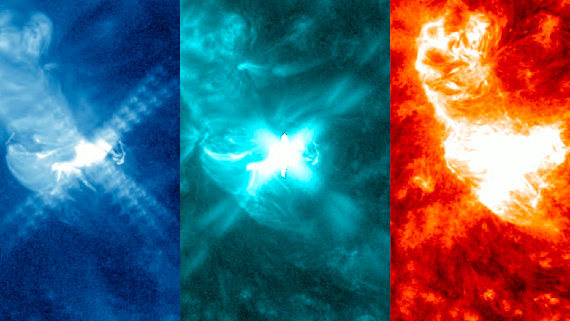 three panel image showing close up view of the sun under different wavelengths.