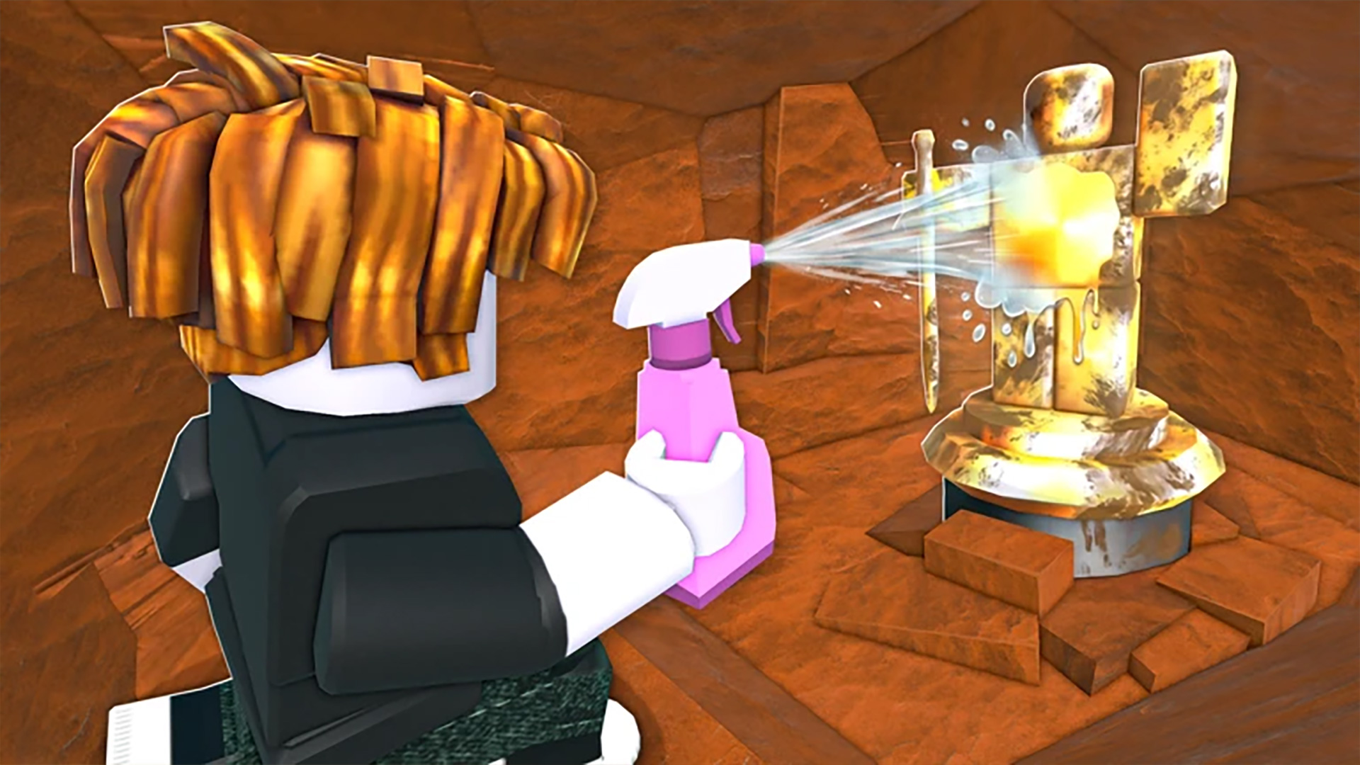 A press shot for Dig and Clean codes showing a character cleaning up a gold statue