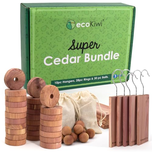 Ecokiwi Cedar Blocks for Clothes Storage Super Bundle Box - Cedar Hangers X10, Balls X30 &amp;amp; Rings X28-100% Natural Oil Planks &amp;amp; Chips for Closets &amp;amp; Drawers - Aromatic Red Cedar Wood With Sandpaper