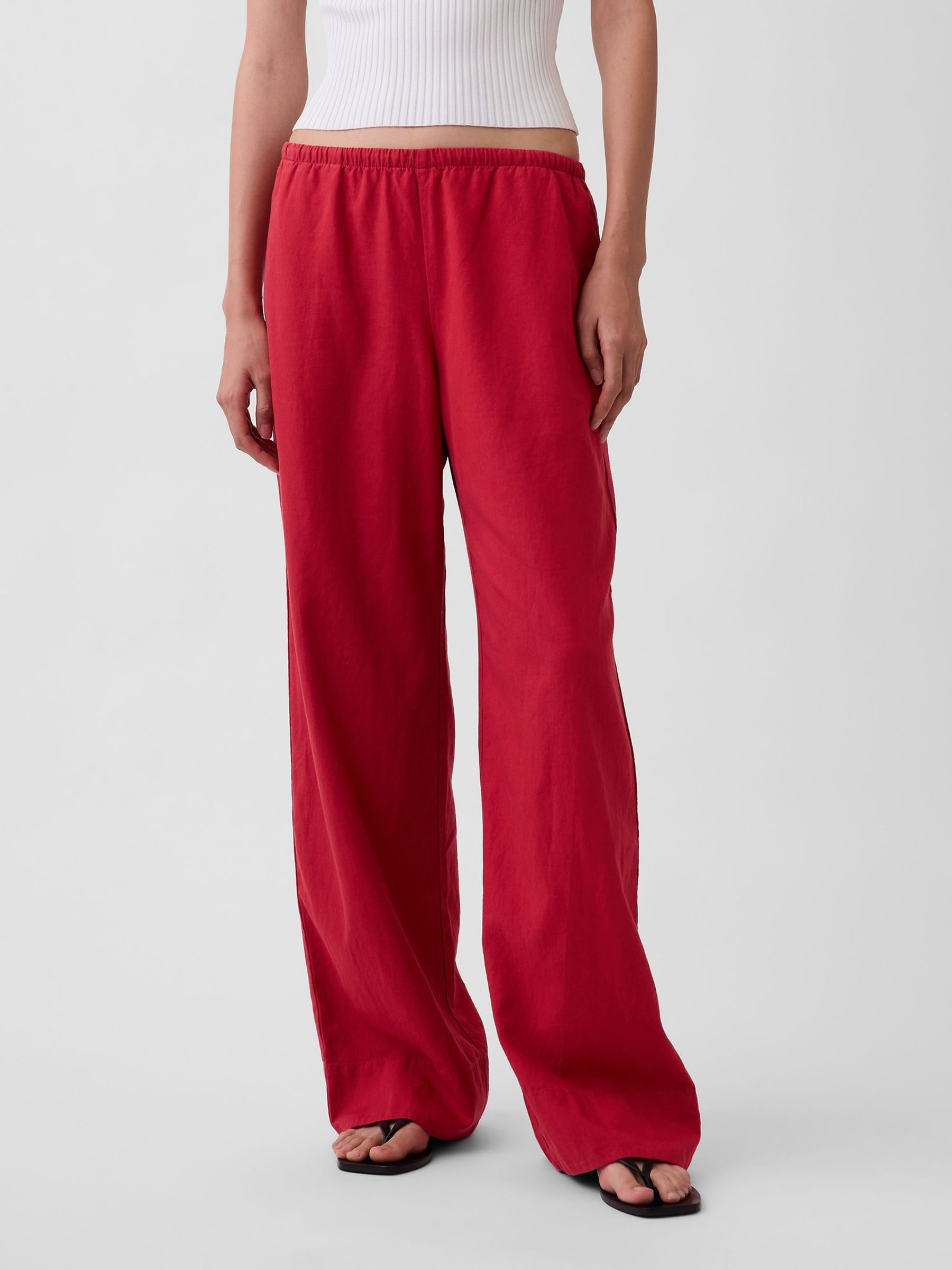 Red Linen-Blend Relaxed Wide-Leg Trousers