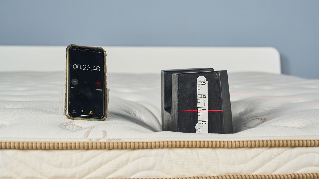 Edge support test using a cast iron 25kg weight on foot of the Saatva Classic mattress with digital laser giving us another visual way to track compression at the perimeter